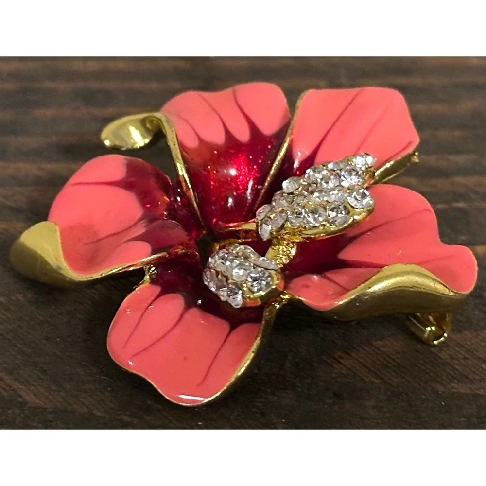 Vtg Hibiscus Flower Brooch Coral Pink Red Enamel Rhinestone Gold Tone Floral Pin